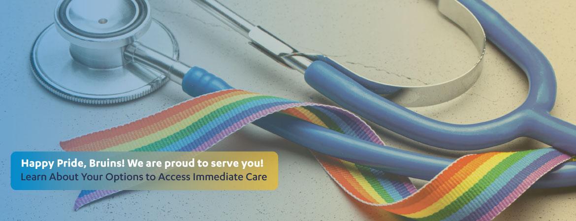 Closeup of stethoscope with a rainbow ribbon commemorating Pride Month